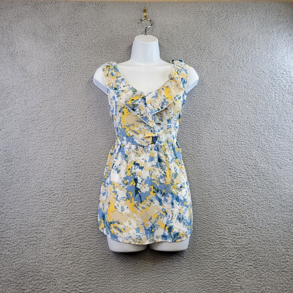 Hailey & Co Women's Shirt Top Size Medium Sleeveless V-neck Blue‎ Yellow Flowy